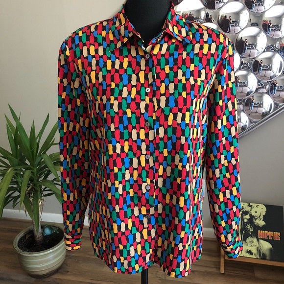 Vintage Multicolor Print Button Down Medium - Picture 4 of 8